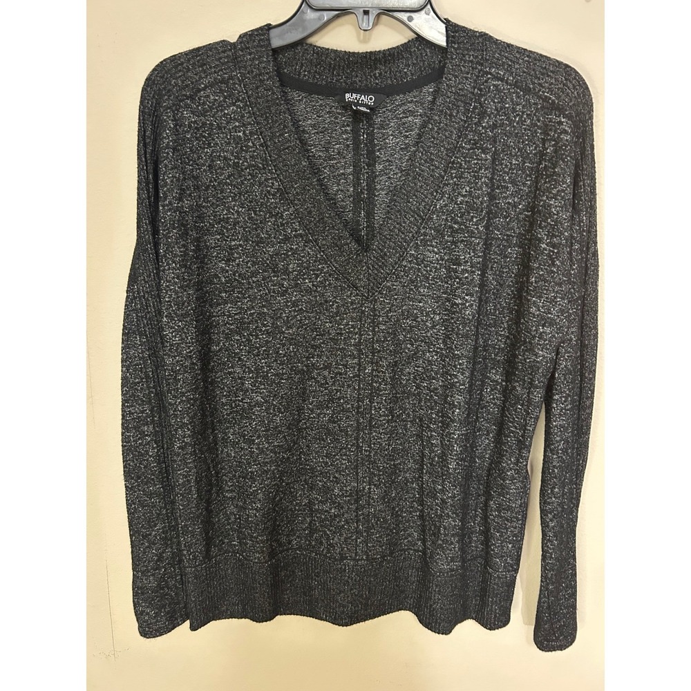 Buffalo David Bitton Womens V-Neck Marled Knit Sweater Charcoal Gray Small